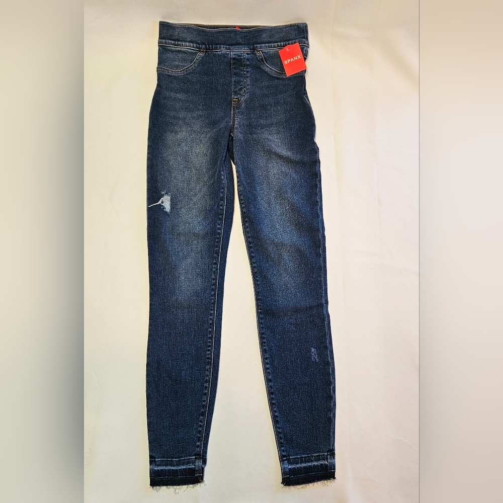 Spanx Jeans Leggings XS Distressed Ankle Skinny Pull On Medium Wash